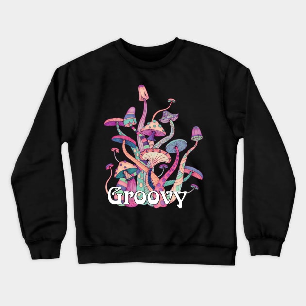Groovy Retro Mushroom Art Crewneck Sweatshirt by AlondraHanley